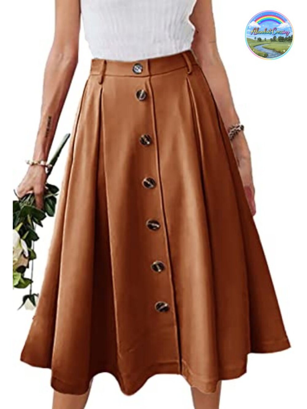Pleated A-Line Midi Skirt Elastic Waist Button Front Flared Long Skirt with